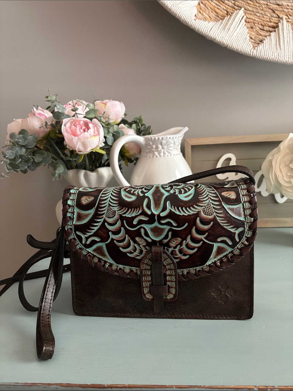 Patricia Nash Dark Brown Leather Crossbody Bag with Turquoise Accents